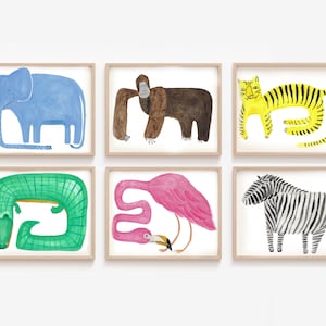 Jungle Animals Gallery Wall, Safari Wall Art Illustrations, Funky Animal Posters Set of 6, Quirky Kids Wall Art, Fun Colorful Kids Prints