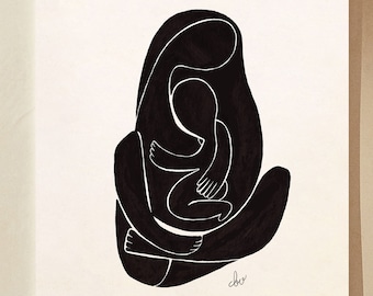 Mother and Child Modern Art, Minimalist Black and White Art, Silhouette Mother Print, Mom and Baby Abstract Illustration, Scandi Art Style