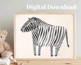 ファンキーな水彩シマウマのイラスト、サファリジャングルの子供向けウォールアート、デジタルダウンロード