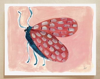Pink Moth Art, kids bugs poster, insects wall art, kids quirky wall art, colorful insects art, cute insect wall art, moth illustration