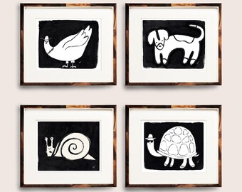 Black and White Whimsical Animal Wall Art, Set of 4 Prints (Snail, Chicken, Dog, Turtle) | Cute Nursery Decor | Gender Neutral Nursery Art