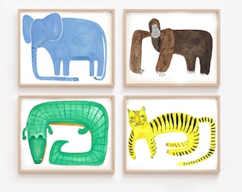 Jungle Animals Gallery Wall, Safari Wall Art Illustrations, Funky Animal Posters Set of 4, Quirky Kids Wall Art, Fun Colorful Kids Prints