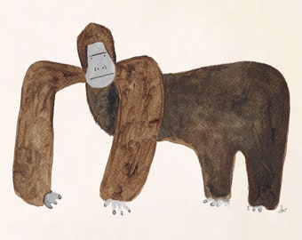 Gorilla illustration, kids jungle, safari wall art, MCM prints for kids, Fun quirky art, One of a Kind, Eclectic Kids Decor