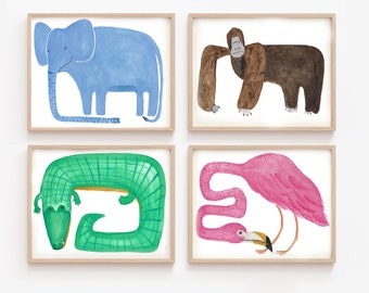 Jungle Animals Gallery Wall, Safari Wall Art Illustrations, Funky Animal Posters Set of 4, Quirky Kids Wall Art, Fun Colorful Kids Prints