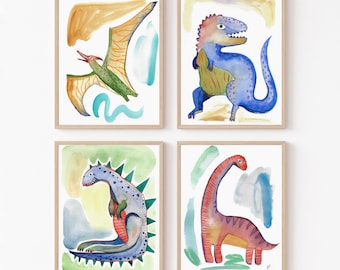 Colorful Dinosaurs Wall Art, Dino nursery Illustrations, Funky dinosaurs Posters Set of 4, Quirky Kids Wall Art, Fun Colorful Kids Prints
