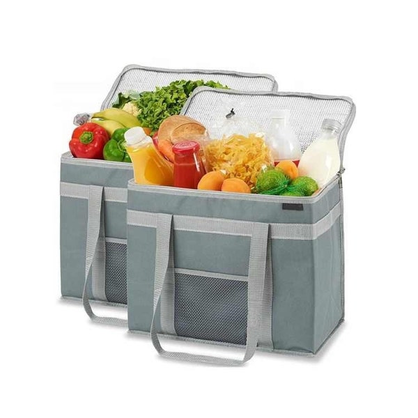 COOLER INSULATED Food Carrier - Set of 2 Thermal Grocery Bags Added Reinforced Strap Across Top For Extra Durability 2 Zipper Closure