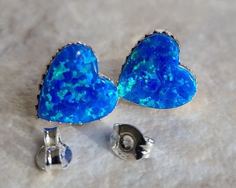 Stud Earring, Heart Shape, 10mm, 925 Sterling Silver, Deep Blue Lab Created Opal, Made in USA