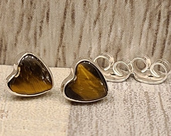 Heart Stud Earring, 6mm, Tiger's Eye, Sterling Silver, Made in USA