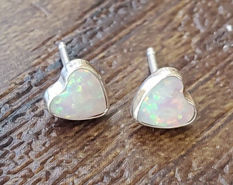 Stud Earring, Heart Shape, 6mm, White, Lab Created Opal, Sterling Silver, Best Price, Made in USA