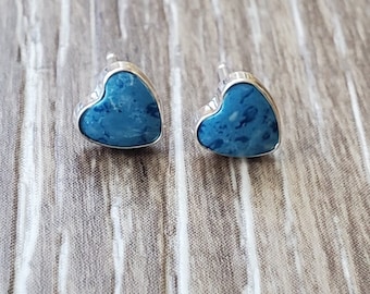 Stud Earring, Heart Shape, 6mm, Denim Lapis Color Stone, Sterling Silver, Made in USA 