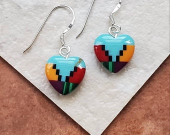 Multi-Color Heart Dangle, Sterling Silver Earring