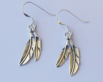 Double Feather Dangle Earring, Sterling Silver, Made in USA
