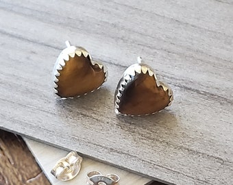 Stud Earring, Heart Shape, Tiger’s Eye, Sterling Silver, 10mm, Made in USA 