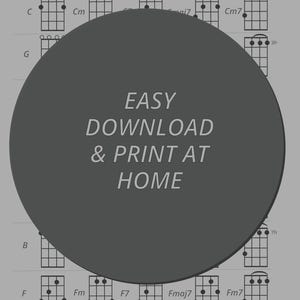 May include: A banjo chord chart with G standard tuning, featuring diagrams for various chords like C, Cm, G, B, F, Fm, F7, Fmaj7, and Fm7. The chart includes the text "EASY DOWNLOAD & PRINT AT HOME" on a gray circular background. The tuning is G-DGBD.