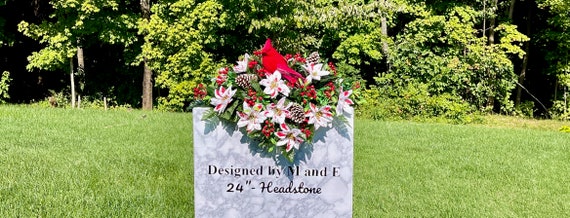 Red Cardinal Christmas Cemetery Saddle, Redbird Cemetery Vase, Silk Headstone Flowers