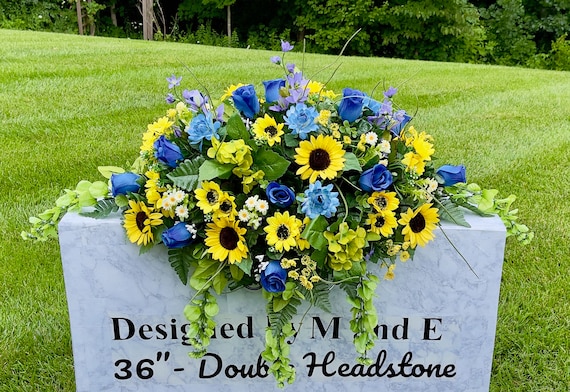 Blue-Yellow-Voilet Cemetery Saddle, Flowers for the Cemetery, Memorial Day Saddle, Sympathy Flowers, Cemetery Flowers, Gravesite Flowers
