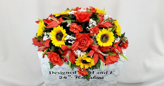 Red and Yellow Sunflower Fall Cemetery Saddle, Autumn Cemetery Saddle, Fall Flowers, Headstone Saddle Arrangement, Fall Headstone Saddle.