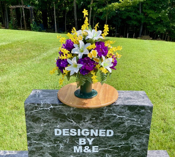 Purple, Yellow & Green Cemetery Vase: Memorial Flowers