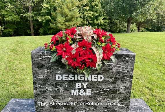 Christmas Cemetery Saddle: Red Poinsettias & Bow Memorial Flowers