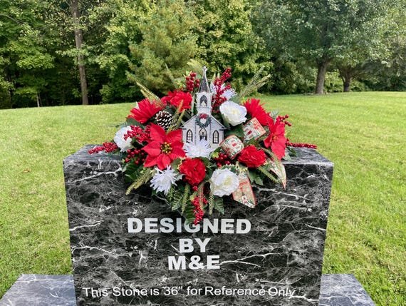 Christmas Cemetery Saddle: Silk Poinsettias and Church Headstone Arrangement