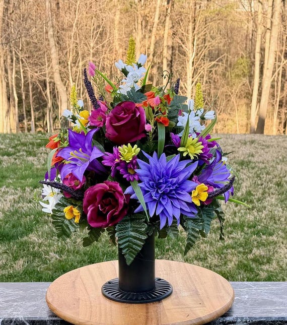 Purple White, Yellow & Orange Cemetery Vase Arrangement, Grave Decorations, Memorial Flowers