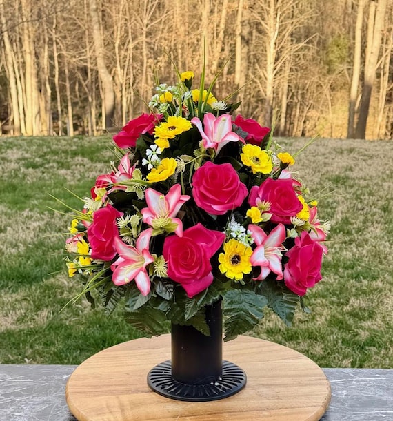 Pink, Yellow and White Cemetery Vase, Grave Decoration, Memorial Flowers