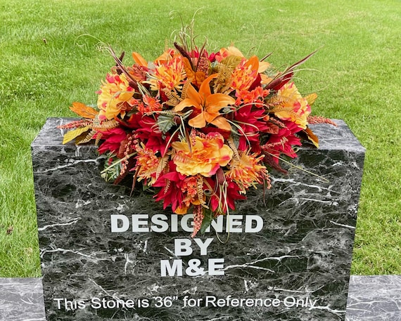 Fall Silk Flower Cemetery Saddle: Red, Orange, & Yellow Memorial Arrangement