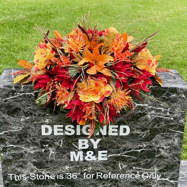 Fall Silk Flower Cemetery Saddle: Red, Orange, & Yellow Memorial Arrangement