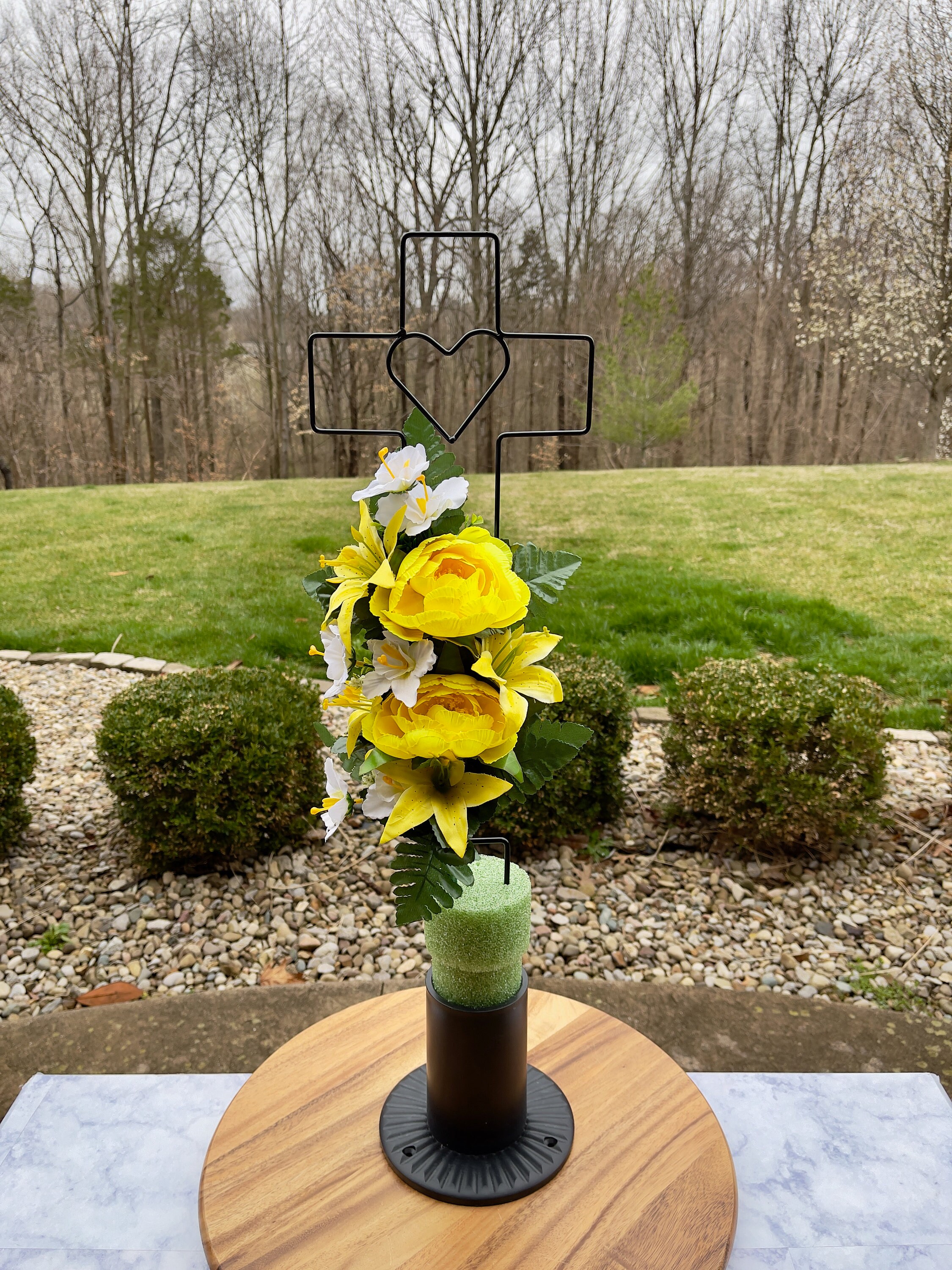 YellowWhite Silk Flowers on Cross, Cemetery Cross with Heart, 22” Cross Flower Arrangement