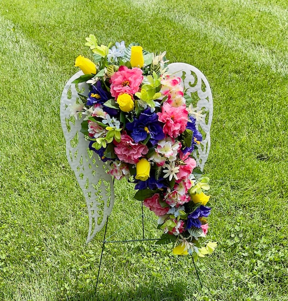 Yellow-Pink-Blue Silk Flowers on White Angel Wings for Cemetery,  Cemetery Flowers, Cemetery Wreath, Gravesite Flowers
