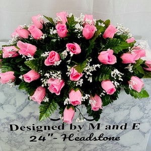 Headstone Saddle: Pink Rose Cemetery Flower Arrangement, 22-24” Memorial