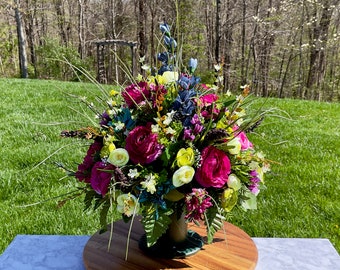 Plum-Green-Blue Cemetery Vase, Vase Arrangement, Memorial Cemetery Vase, Memorial Flowers, Spring Cemetery Vase, Sympathy Flowers