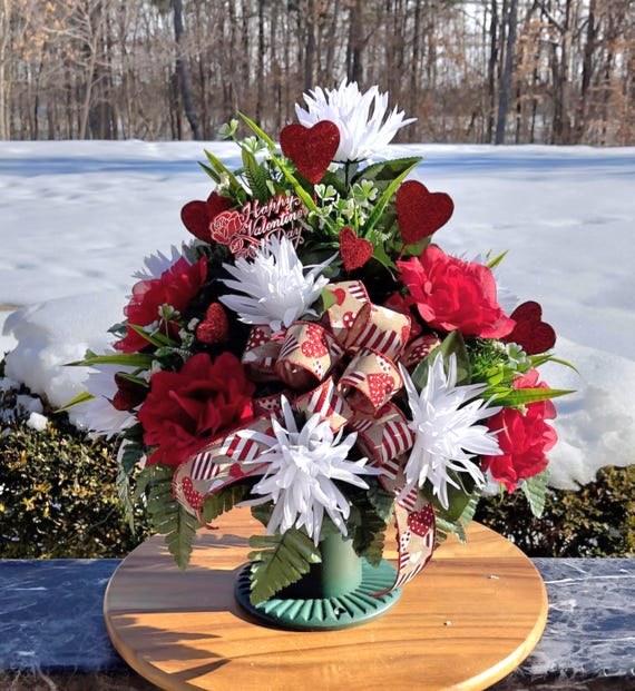 Happy Valentines Day with Red Hearts - Valentine Cemetery Vase, Vase Piece, Headstone Vase Piece