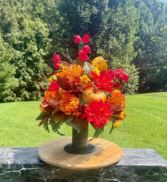 Bright Fall Colors with a Pumpkin in a Cemetery Vase Arrangement: Fall Memorial Flowers