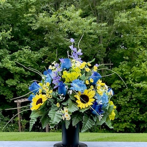 Blue-Yellow-Purple Cemetery Vase, Vase Arrangement, Memorial Cemetery Vase, Memorial Flowers, Spring Cemetery Vase, Sympathy Flowers