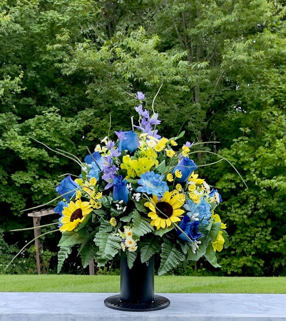 Blue-Yellow-Purple Cemetery Vase, Vase Arrangement, Memorial Cemetery Vase, Memorial Flowers, Spring Cemetery Vase, Sympathy Flowers