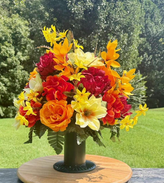 Yellow, Burgundy and Orange Fall Cemetery Vase Arrangement: Fall Memorial Flowers