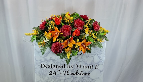Red Orange and Yellow Fall Quality Silk Flowers, Cemetery Saddle, Cemetery Flowers, Headstone Saddle, Cemetery Arrangement, Memorial Flowers