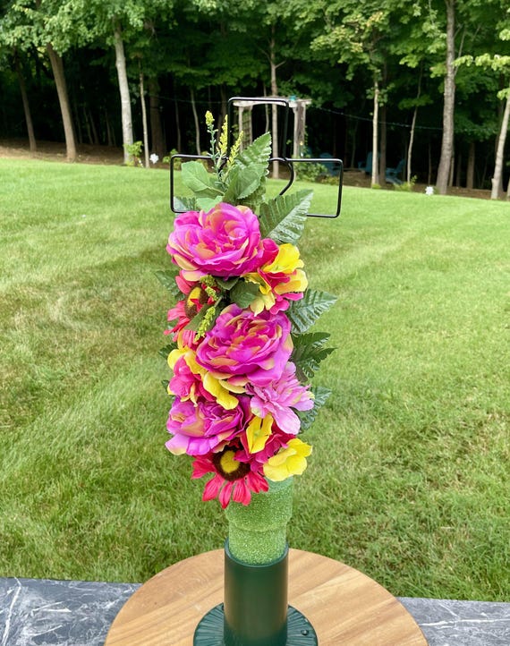 Pink & Yellow Silk Flower Cemetery Cross: Memorial Arrangement