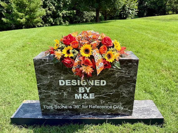 Fall Sunflowers with a Bow Cemetery Saddle: Quality Silk Memorial Flowers