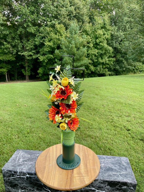 Silk Cemetery Cross Flower Arrangement: Orange, Yellow & White Memorial