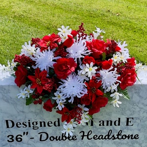 Redbirds with Red and White Christmas Cemetery Saddle Christmas, Christmas Cemetery Flowers, Christmas Headstone Saddle Arrangement,