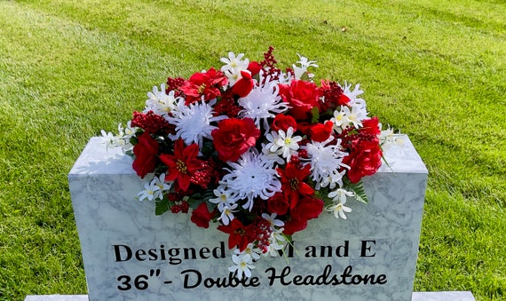 Redbirds with Red and White Christmas Cemetery Saddle Christmas, Christmas Cemetery Flowers, Christmas Headstone Saddle Arrangement,