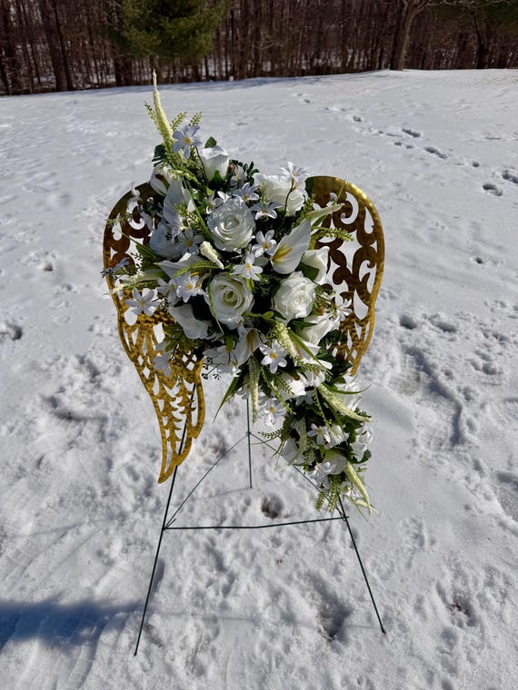 Gold Color Angel Wings Cemetery Arrangement, Memorial Flowers, Headstone Decorations,