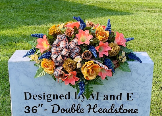 Peach-Brown-Blue with Bow Quality Silk Flowers, Cemetery Saddle, Cemetery Flowers, Headstone Saddle, Cemetery Arrangement,