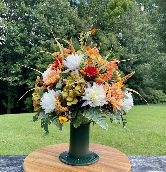 Fall Cemetery Vase Arrangement: Cream, Orange & Yellow Silk Flowers