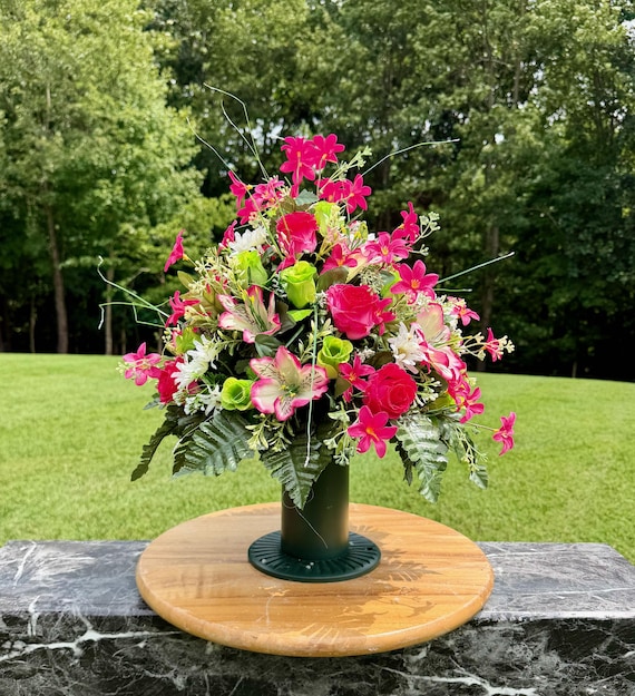 One-of-a-Kind cannot be duplicated Silk Flower Cemetery Vase - Memorial Headstone Arrangement - Grave Decoration