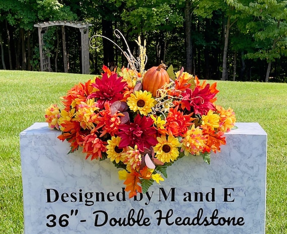 Pumpkin with Fall Colors Quality Silk Flowers, Cemetery Saddle, Cemetery Flowers, Headstone Saddle, Cemetery Arrangement, Memorial Flower