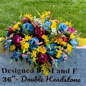 Bright Teal-Yellow-Burgandy Saddle, Cemetery Saddle, Double Headstone Saddle, Headstone Decoration, Cemetery Flower, Memorial Day Flowers