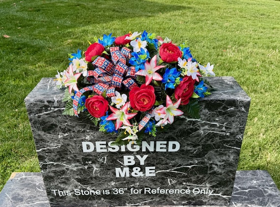 Patriotic Cemetery Saddle: Red, White and Blue Silk Memorial Flowers